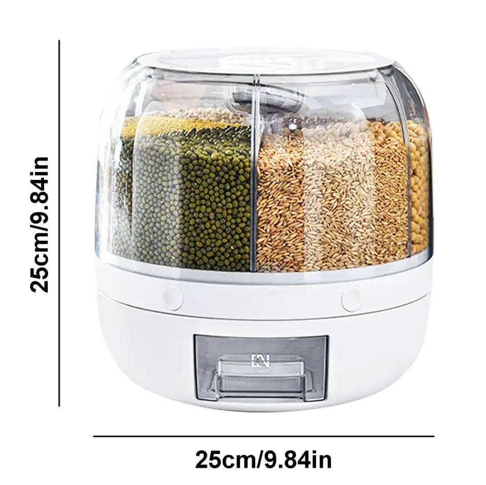 Cereal Rice Bucket Dispenser ? 6 Grid 360ø Rotating Waterproof & Moisture-Proof Rice Storage Box for Kitchen