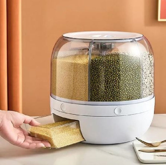 Cereal Rice Bucket Dispenser ? 6 Grid 360ø Rotating Waterproof & Moisture-Proof Rice Storage Box for Kitchen