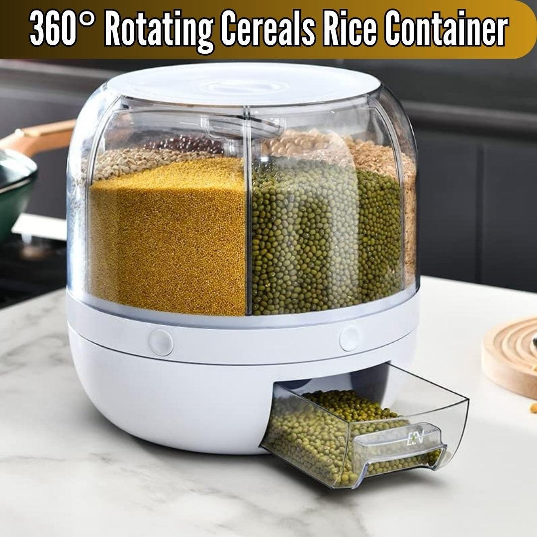Cereal Rice Bucket Dispenser ? 6 Grid 360ø Rotating Waterproof & Moisture-Proof Rice Storage Box for Kitchen